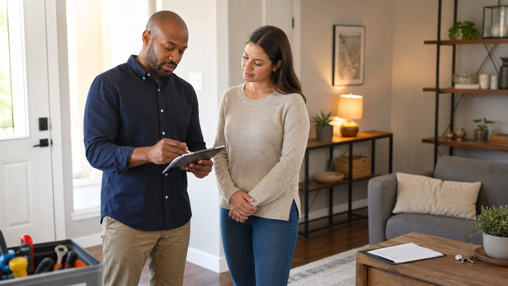 Landlord documenting a rental property concern with a tenant during a calm walkthrough