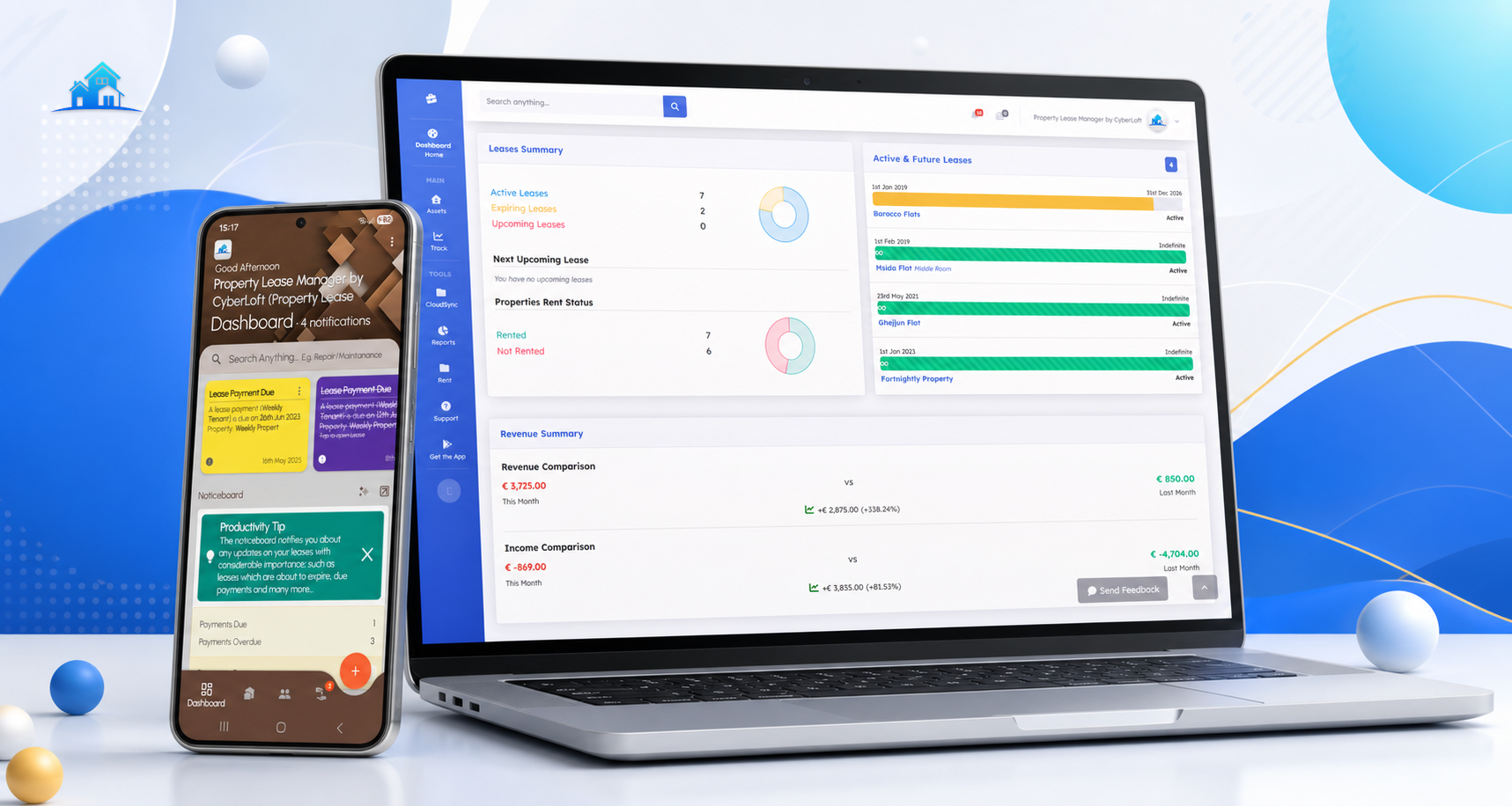 Property Lease Manager Android app on a mobile phone beside the CloudSync web platform dashboard on a laptop.