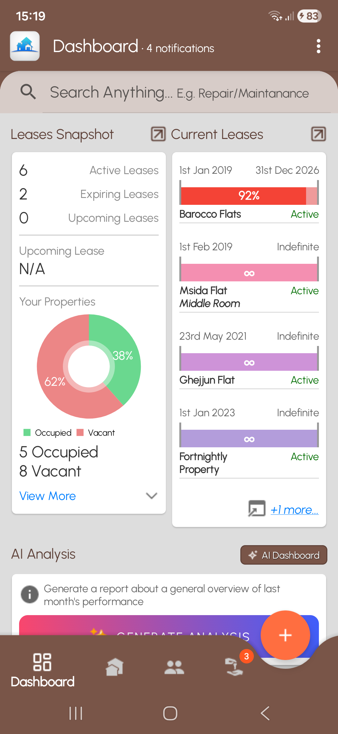 Property Lease Manager Android dashboard with lease snapshot and current leases