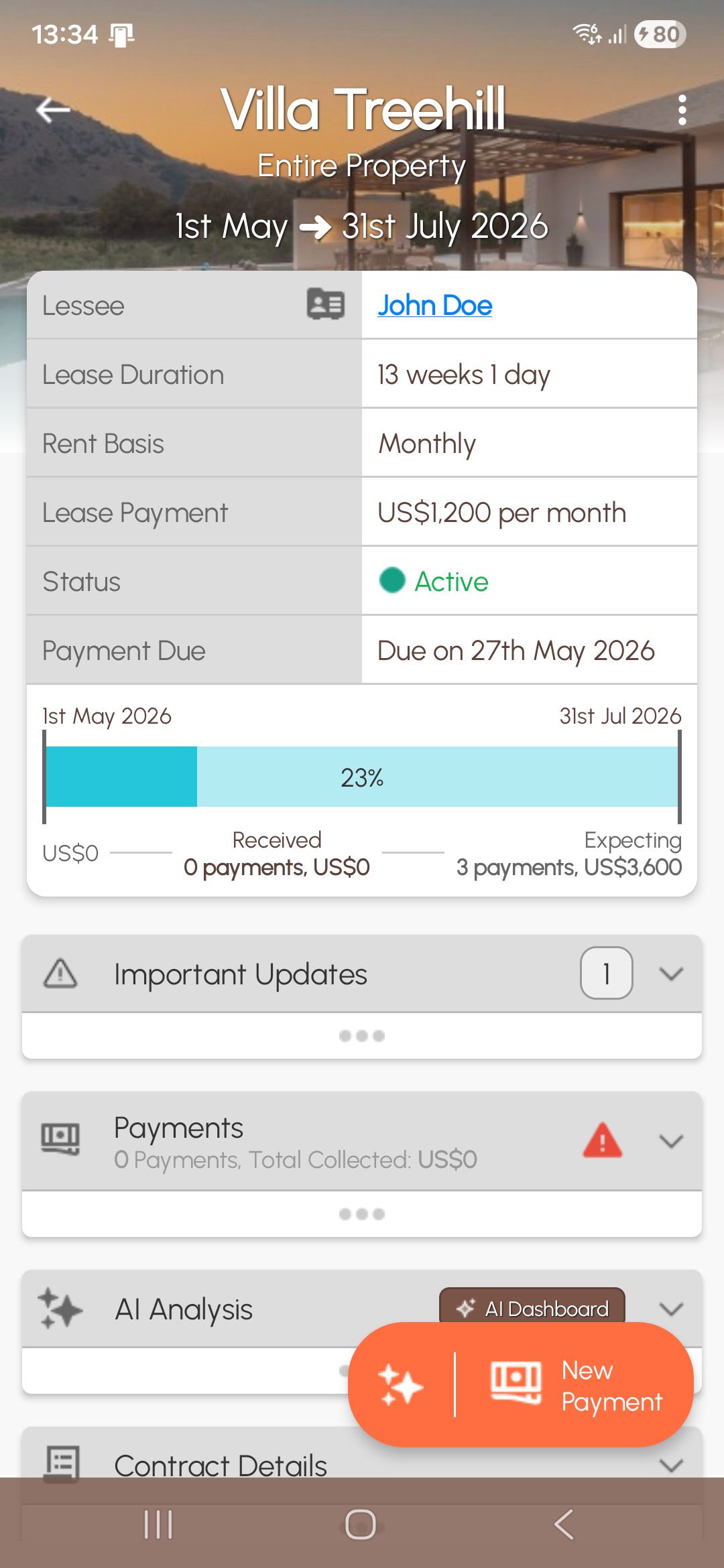 Property Lease Manager Android lease detail screen with rent and payment status