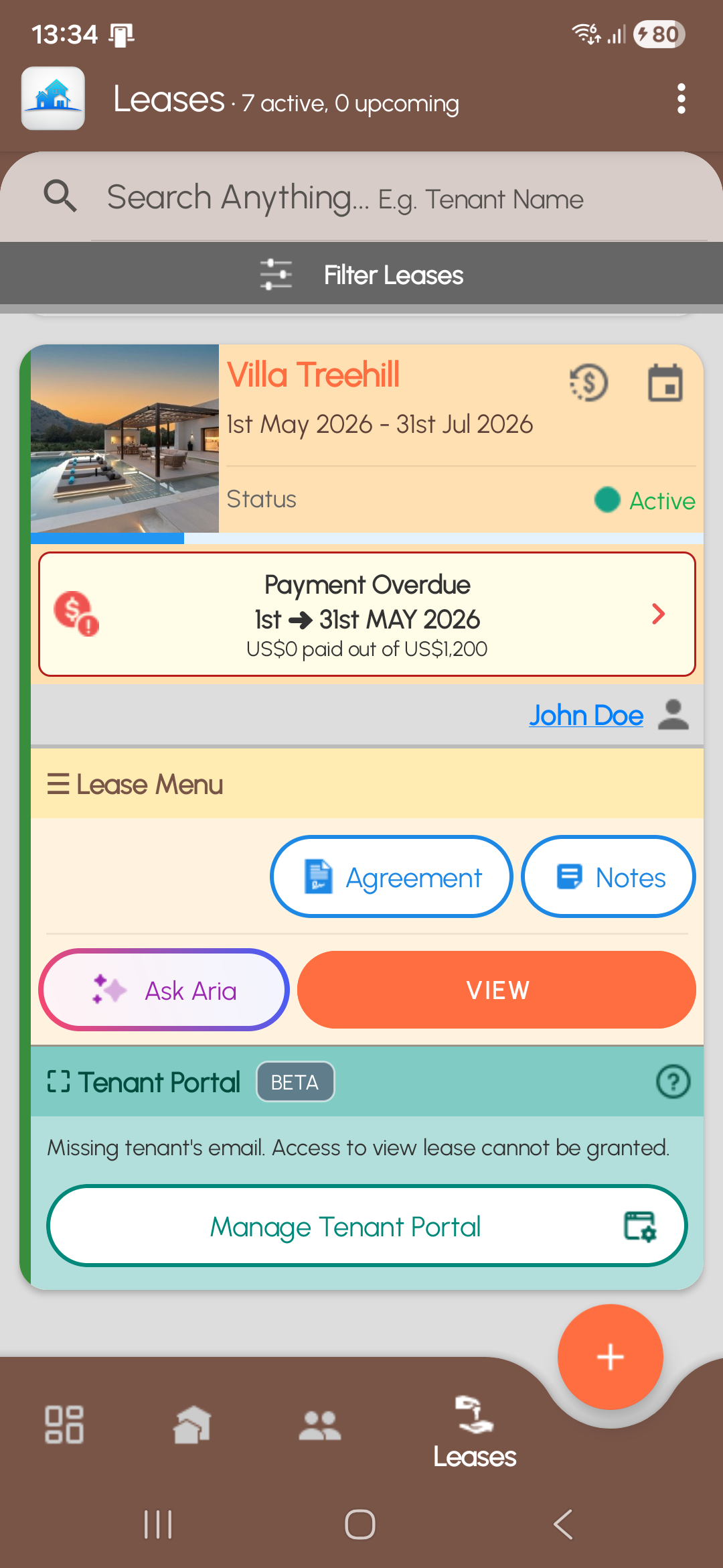 Property Lease Manager Android leases screen with active lease and overdue payment details