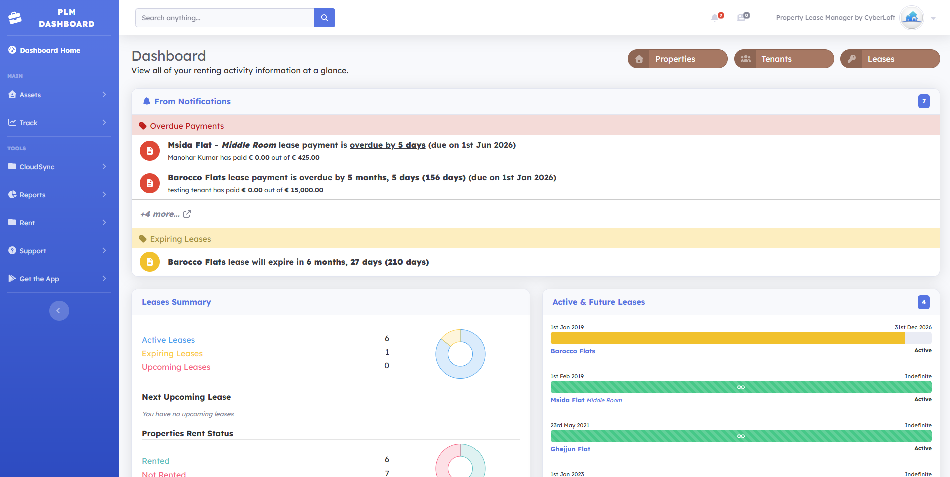 Property Lease Manager web dashboard with payment and rental performance charts