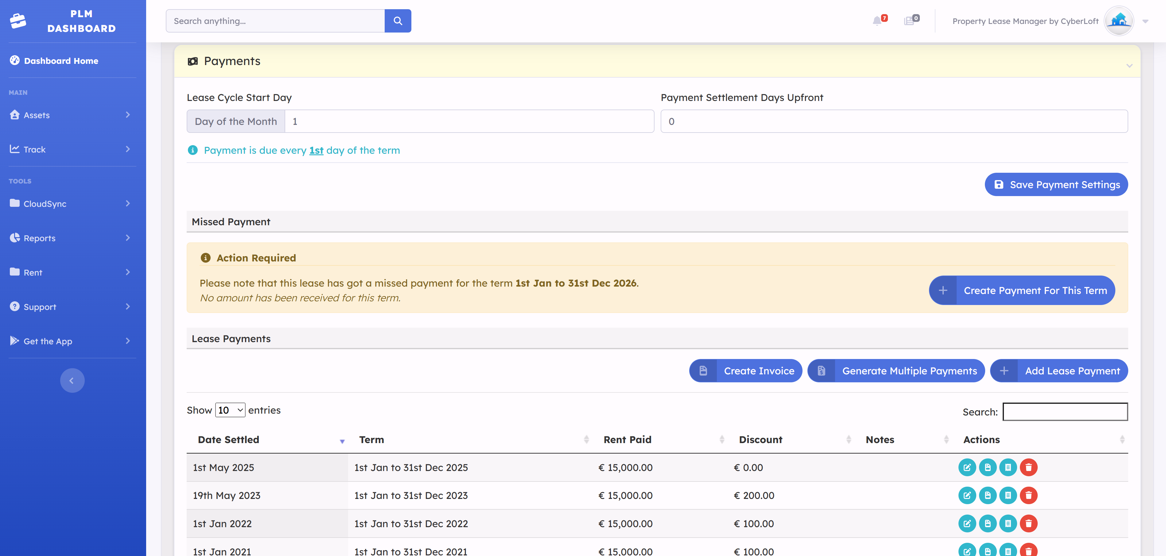 Property Lease Manager web dashboard overview